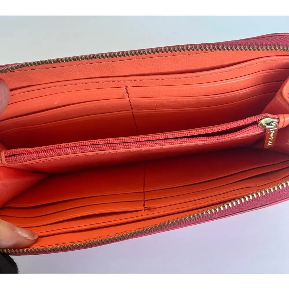 Fossil Wristlet Wallet Women‎ OS Coral Leather Zip Around Clutch